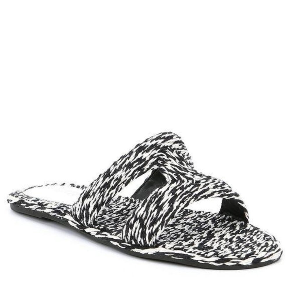 Schutz Tammya Black and White Two Tone Woven Raffia Cutout Slide Sandal Shoe 7